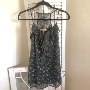 Spaghetti strap floral and lace top with adjustable straps and back tie